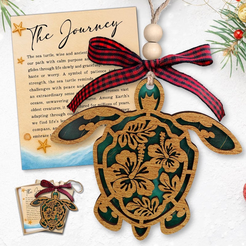 TEEBIM Turtle Ornaments - Beach Ornaments for Christmas Tree - Sea Turtle Christmas Ornament - Beach Themed Gifts, Gifts for Ocean Lovers - Wood Ornament 2025 & Story Card - Image 1